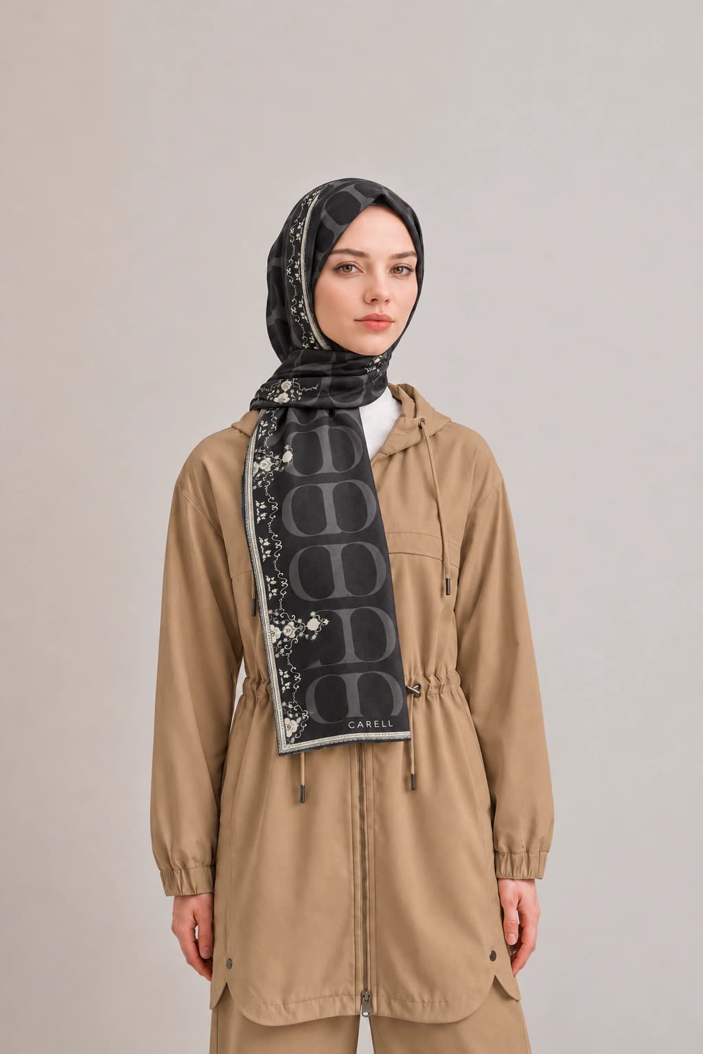 Carell Luxe Çiçekli Monogram Floş Viskon Şal - Siyah Ekru