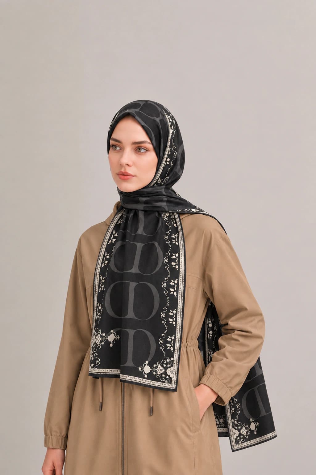 Carell Luxe Çiçekli Monogram Floş Viskon Şal - Siyah Ekru 2