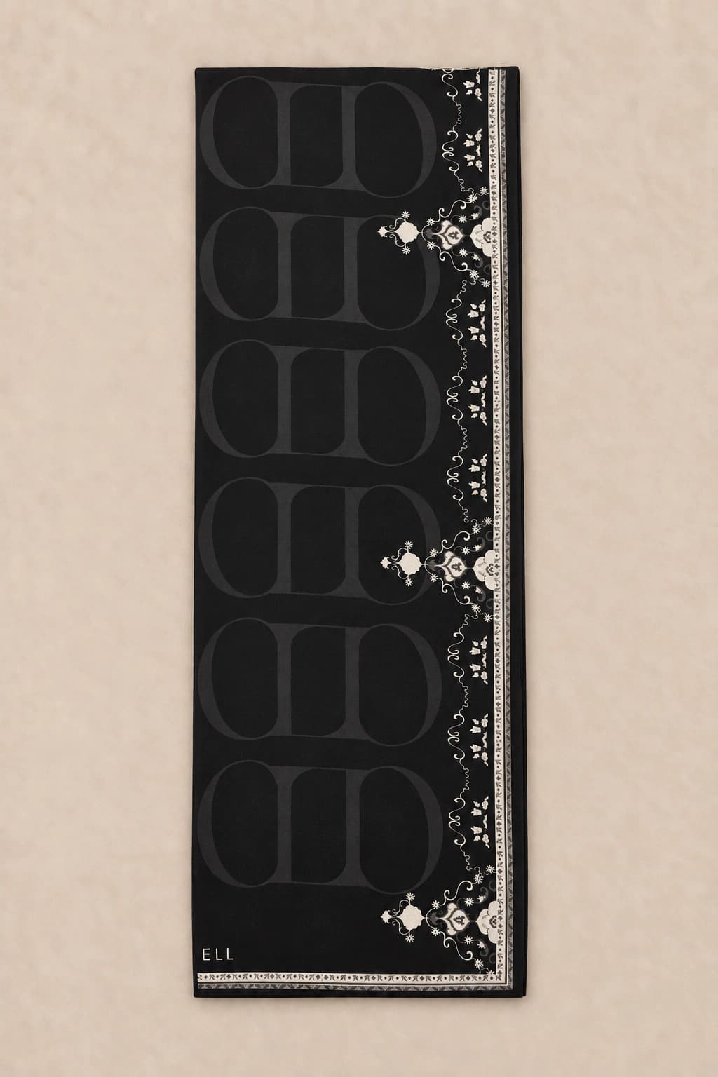 Carell Luxe Çiçekli Monogram Floş Viskon Şal - Siyah Ekru 3