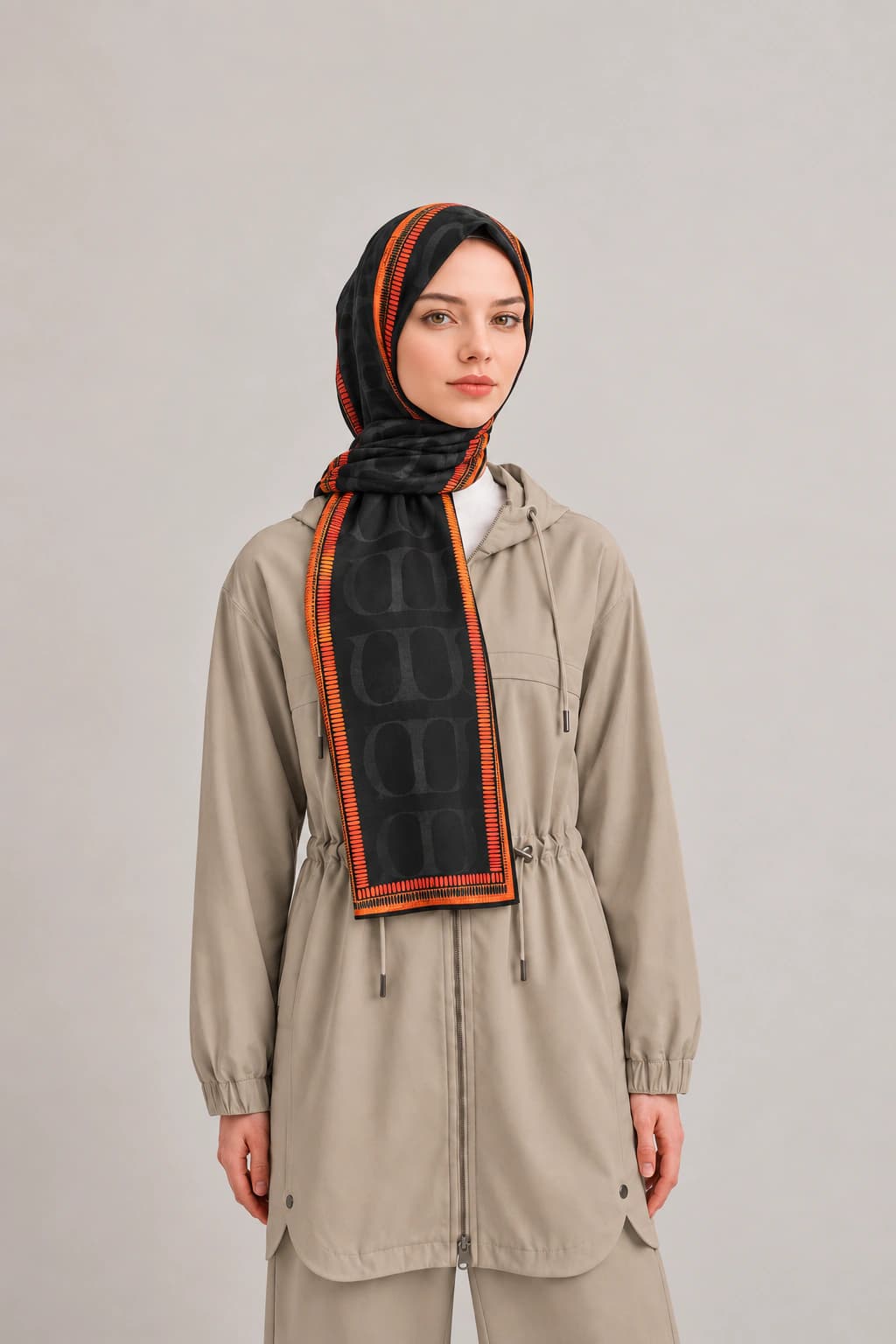 Carell Side Monogram Floş Viskon Şal - Siyah Turuncu