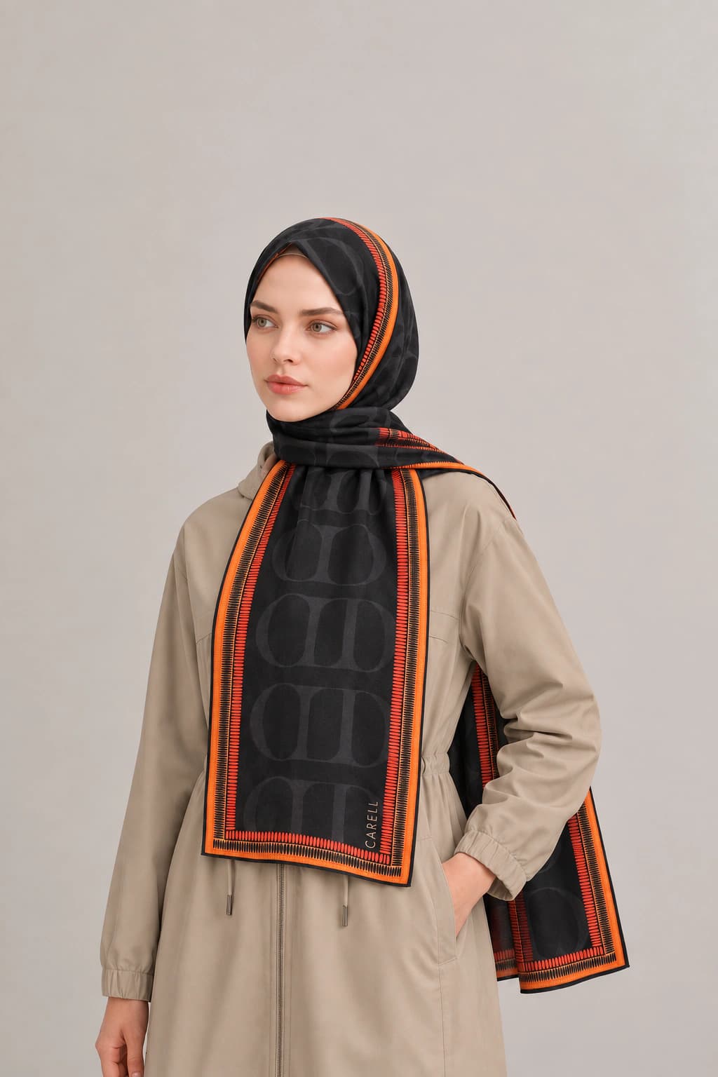 Carell Side Monogram Floş Viskon Şal - Siyah Turuncu 2