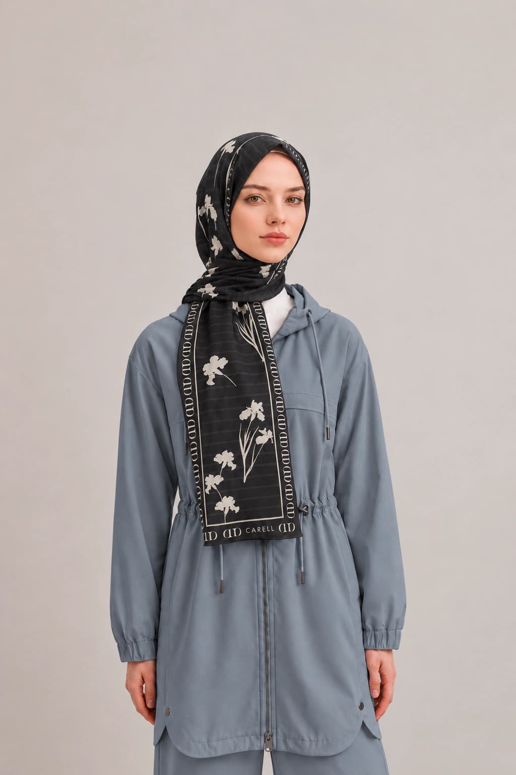 Carell Sira Monogram Floş Viskon Şal - Siyah Ekru