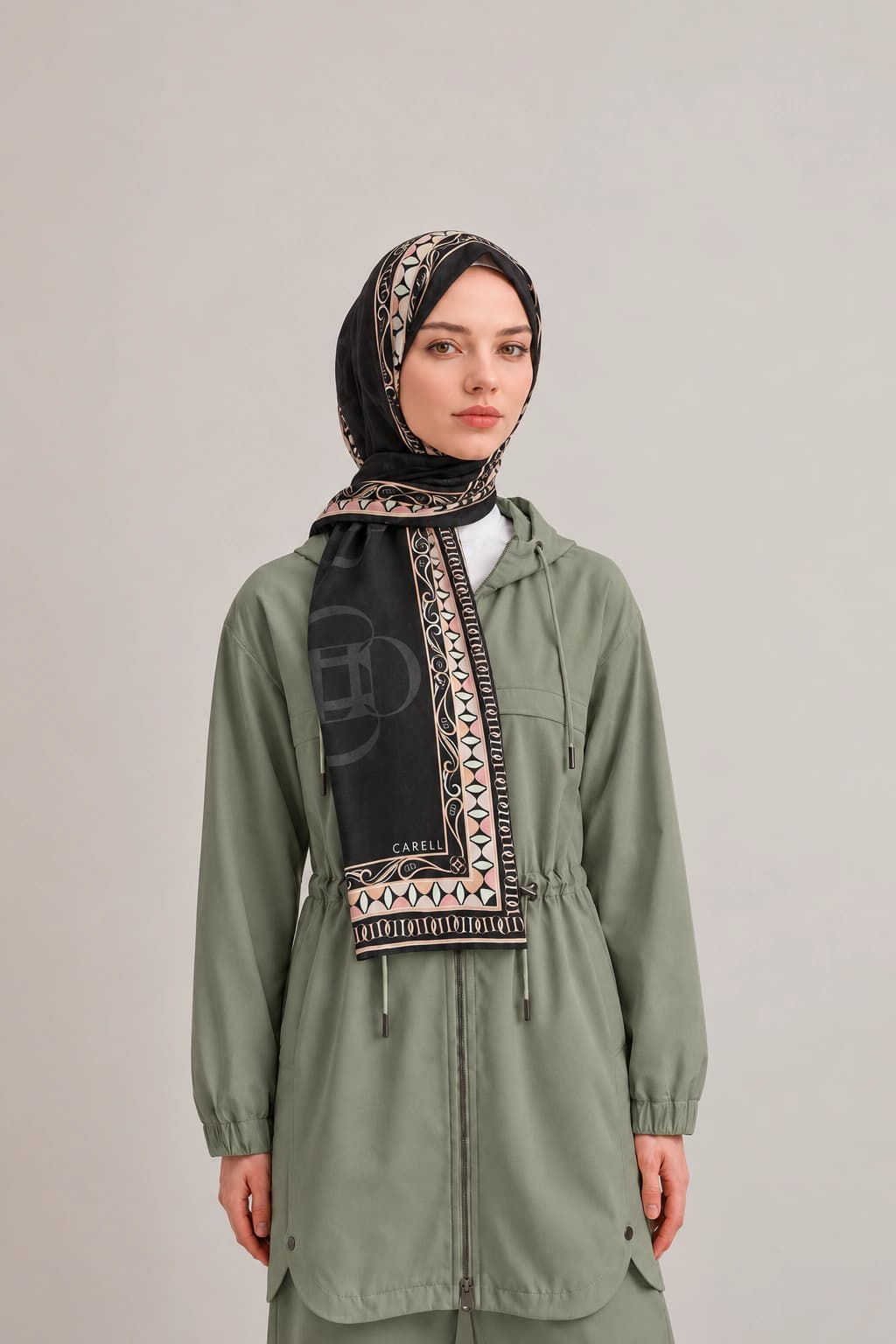 Carell Geometrik Bordürlü Monogram Floş Viskon Şal - Siyah Pudra