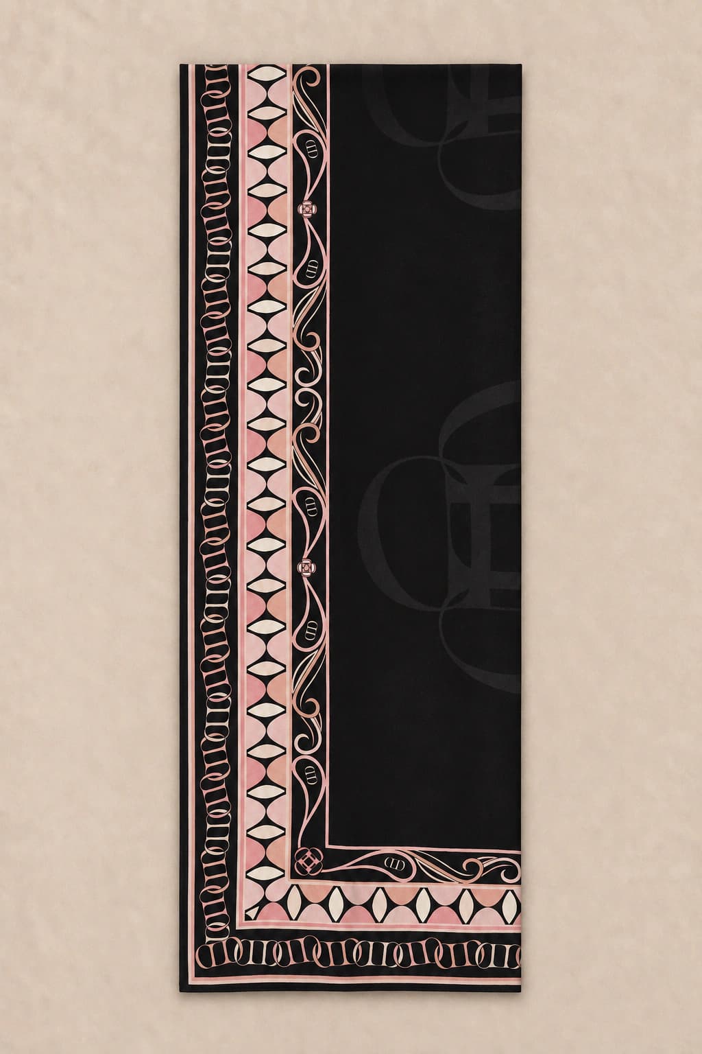 Carell Geometrik Bordürlü Monogram Floş Viskon Şal - Siyah Pudra 2