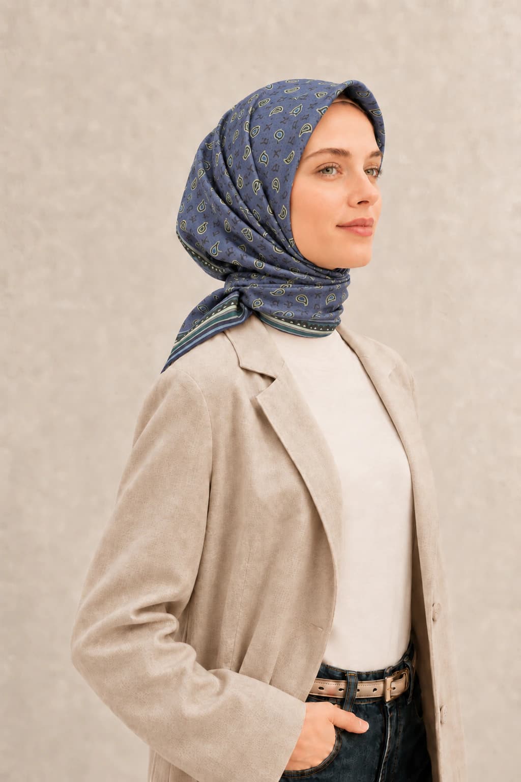 LuvénSara Monogramlı Damla Desenli Viskon Tencel Eşarp - Jean Mavi 2