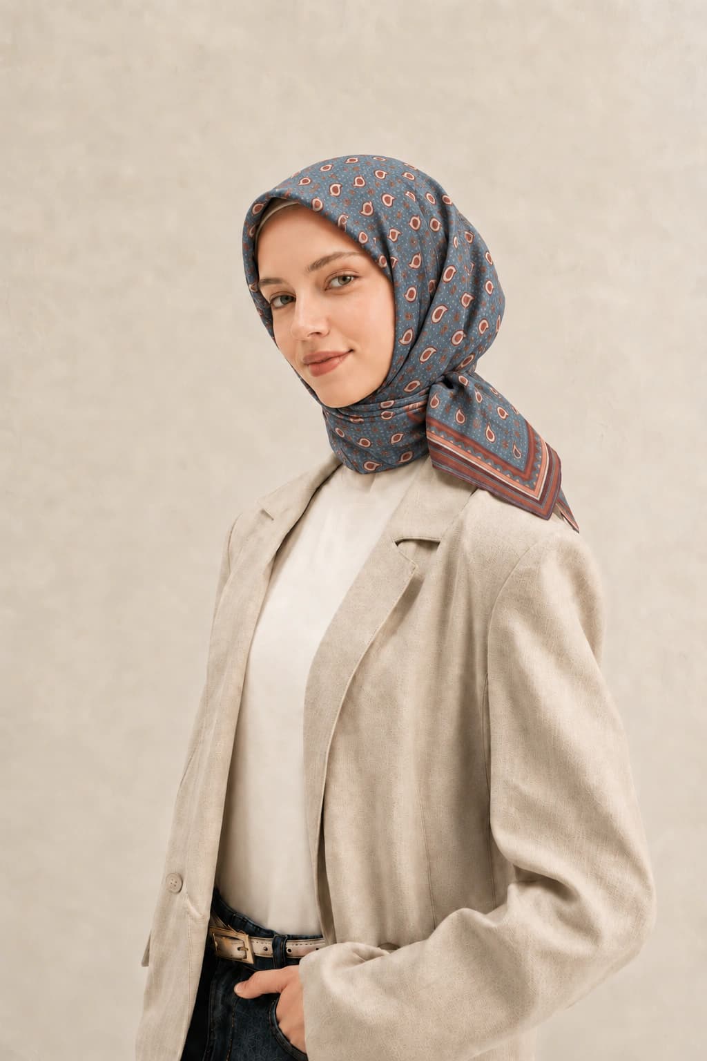 LuvénSara Monogramlı Damla Desenli Viskon Tencel Eşarp - Mavi Kiremit