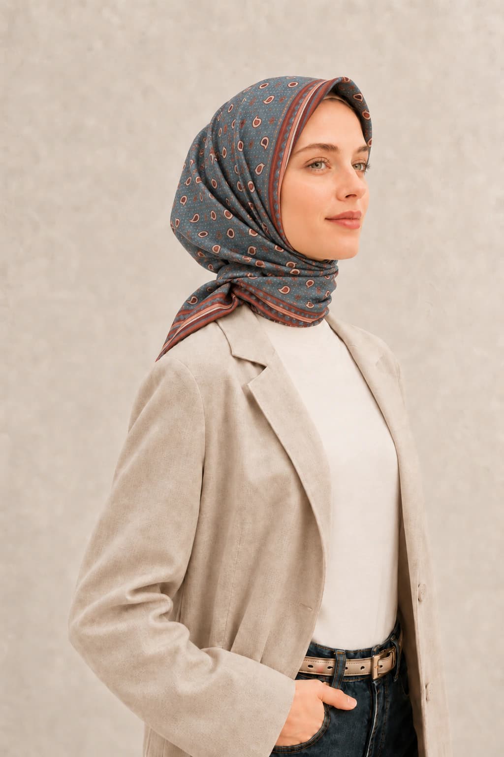 LuvénSara Monogramlı Damla Desenli Viskon Tencel Eşarp - Mavi Kiremit 2