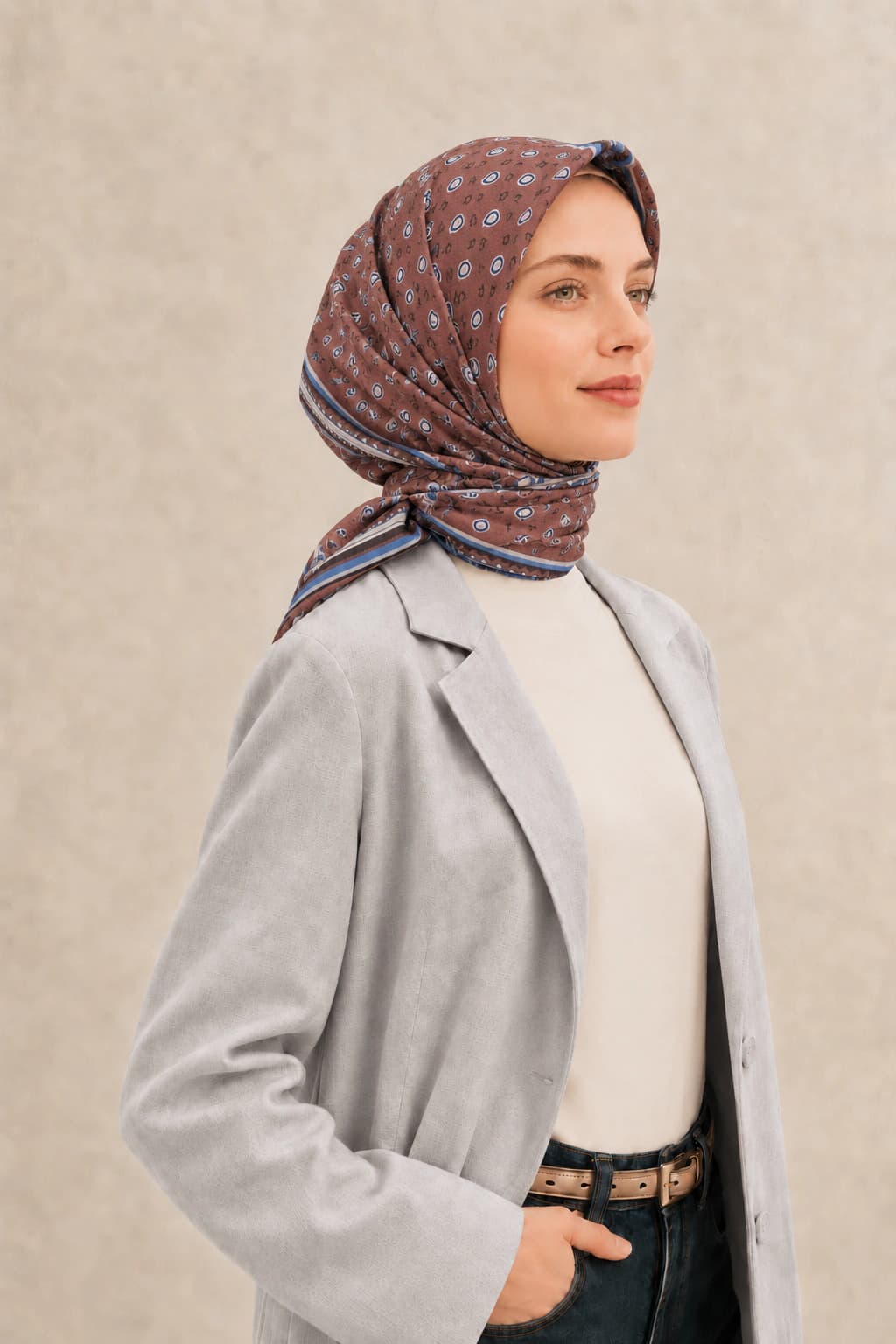 LuvénSara Monogramlı Damla Desenli Viskon Tencel Eşarp - Koyu Gül 2