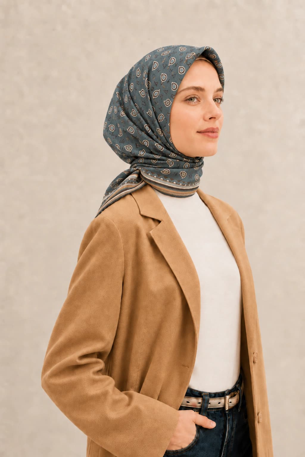 LuvénSara Monogramlı Damla Desenli Viskon Tencel Eşarp - Petrol 2