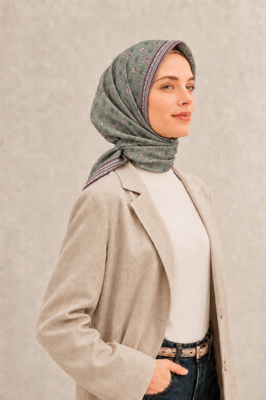 LuvénSara Monogramlı Damla Desenli Viskon Tencel Eşarp - Açık Yeşil 2