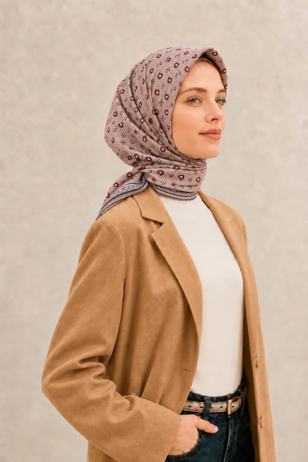 LuvénSara Monogramlı Damla Desenli Viskon Tencel Eşarp - Pudra Pembe 2