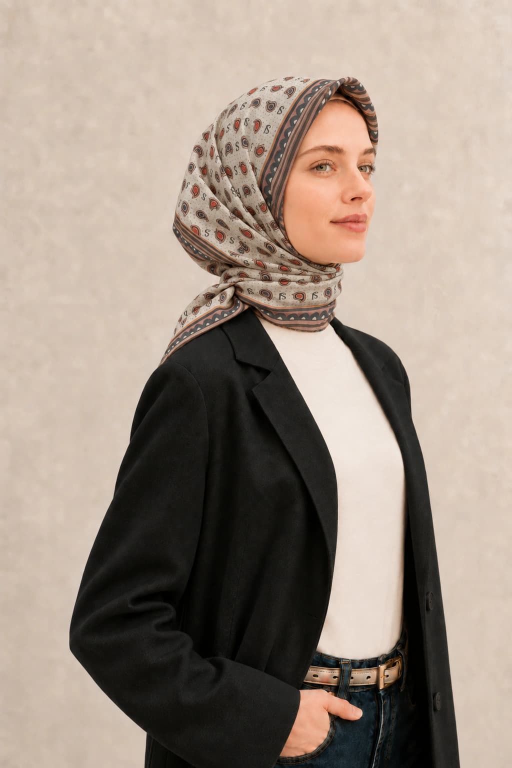 LuvénSara Monogramlı Damla Desenli Viskon Tencel Eşarp - Ekru Petrol 2