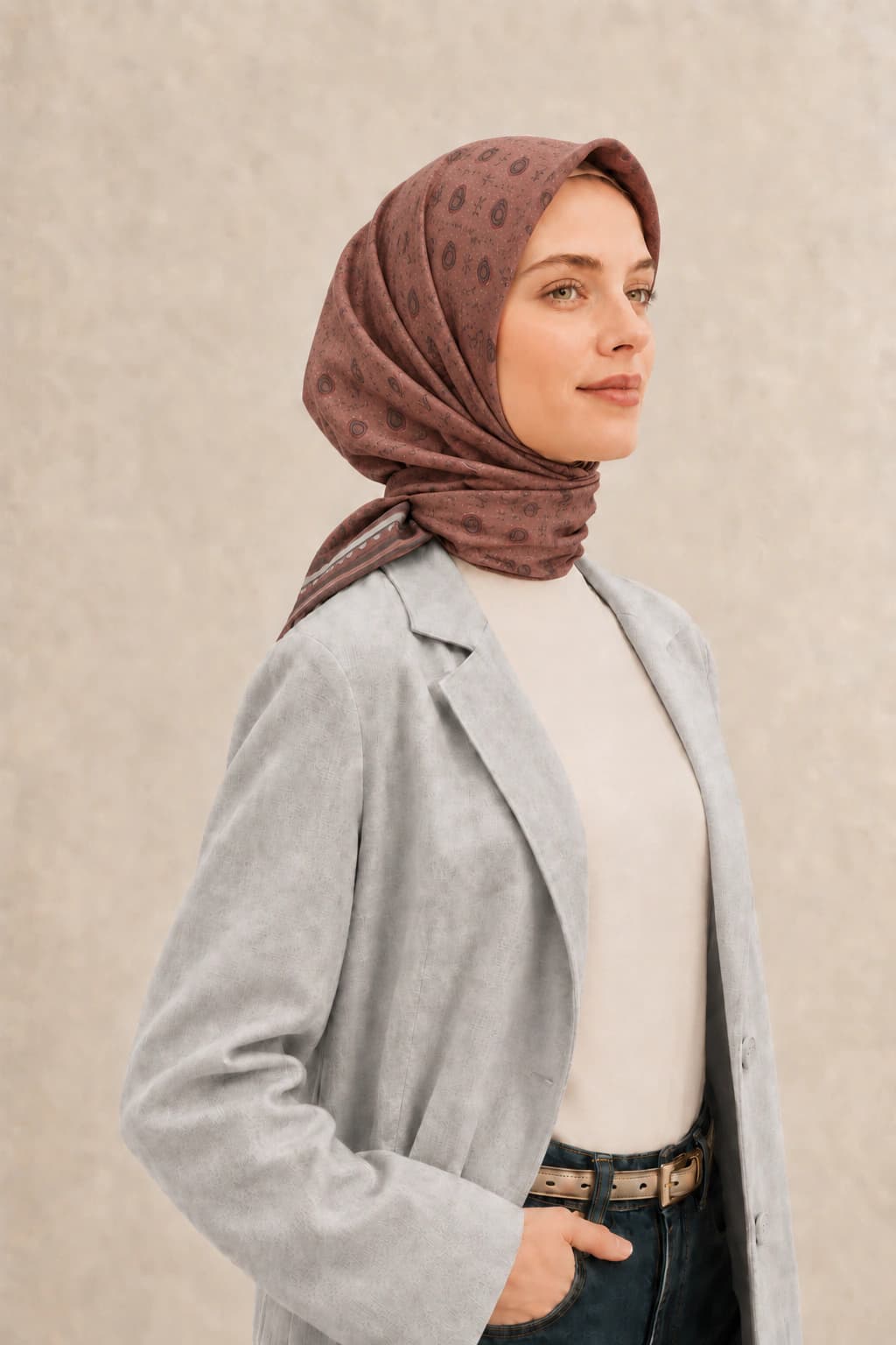 LuvénSara Monogramlı Damla Desenli Viskon Tencel Eşarp - Maun 2