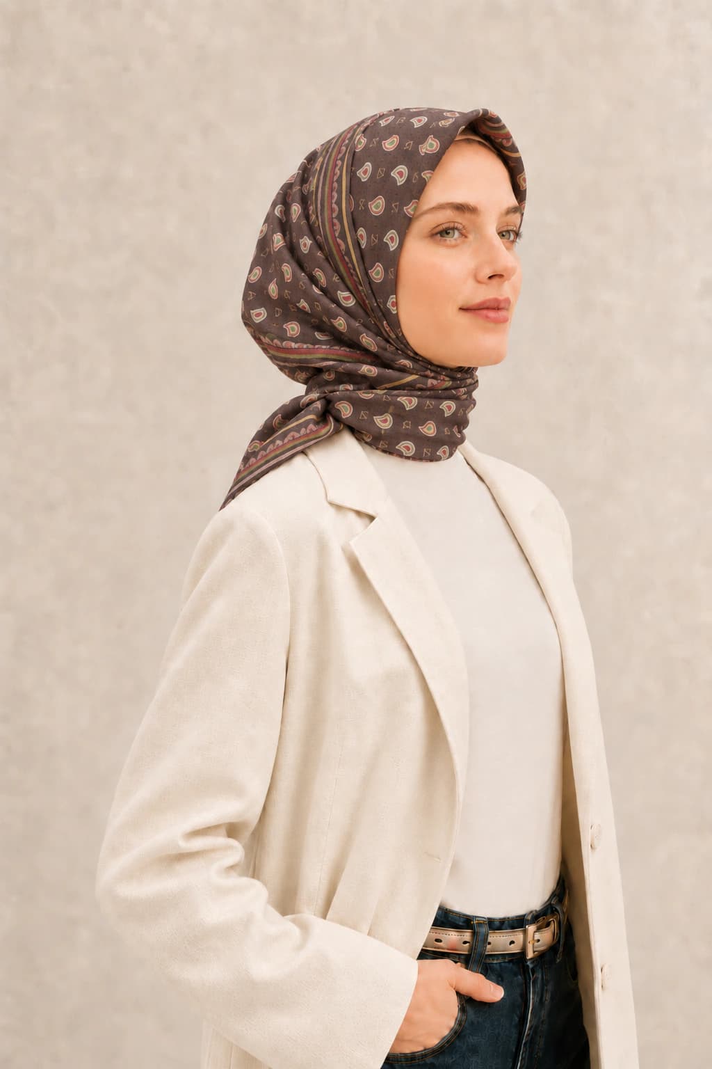 LuvénSara Monogramlı Damla Desenli Viskon Tencel Eşarp - Koyu Kahve 2