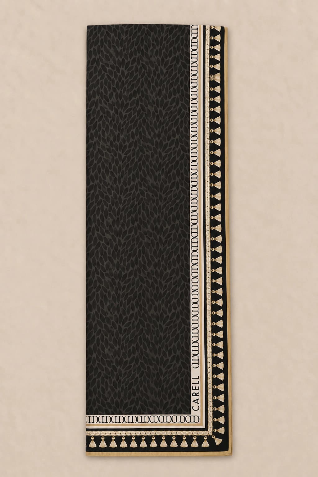 Carell Geometrik Bordürlü Monogram Floş Viskon Şal - Siyah Gold 3