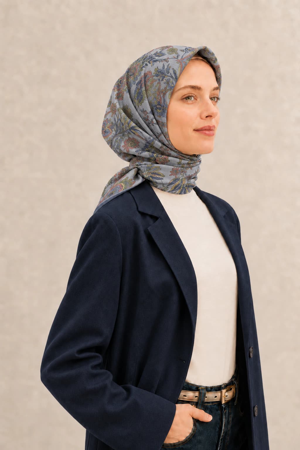 Belli Fresh Rozy Botanik Bahçe Tensel Eşarp - Gri Mavi 2