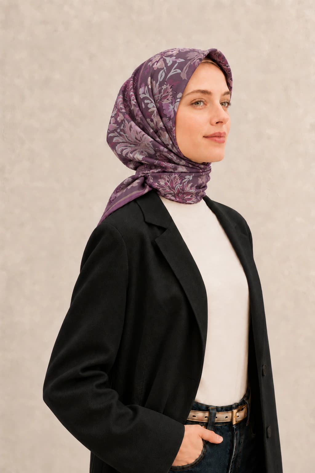 Belli Fresh Rozy Floral Buket Tensel Eşarp - Mürdüm 2