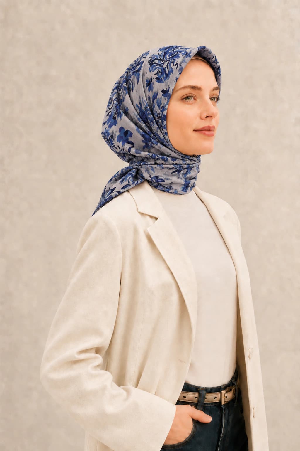 Belli Fresh Rozy Floral Buket Tensel Eşarp - Ekru Lacivert 2