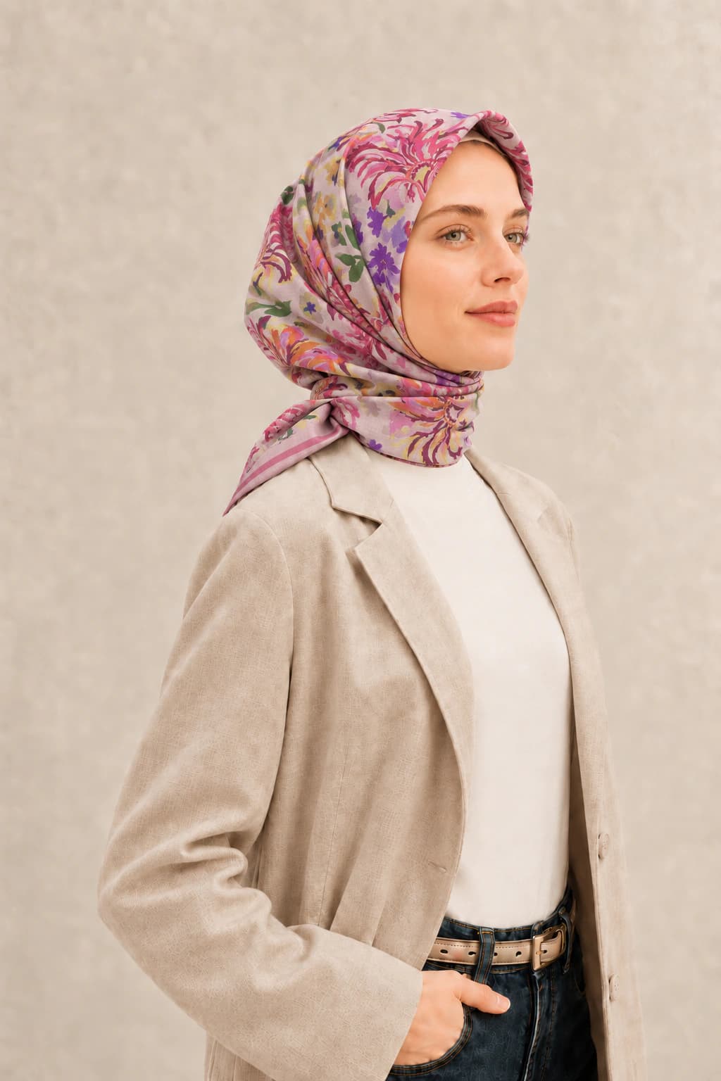 Belli Fresh Rozy Floral Buket Tensel Eşarp - Pudra Lila 2