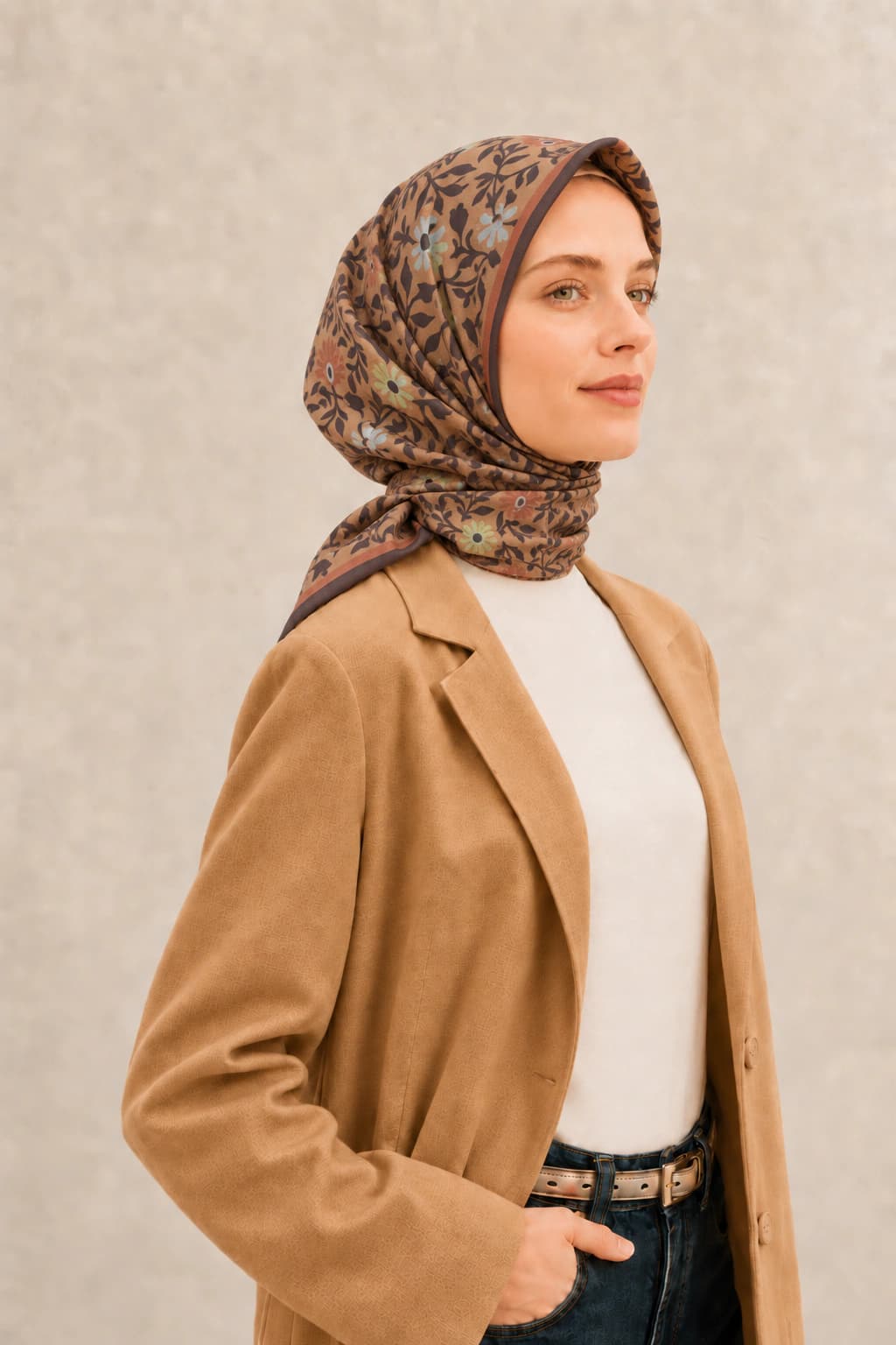 Belli Fresh Rozy Mini Çiçek Tensel Eşarp - Taba Kahve 2