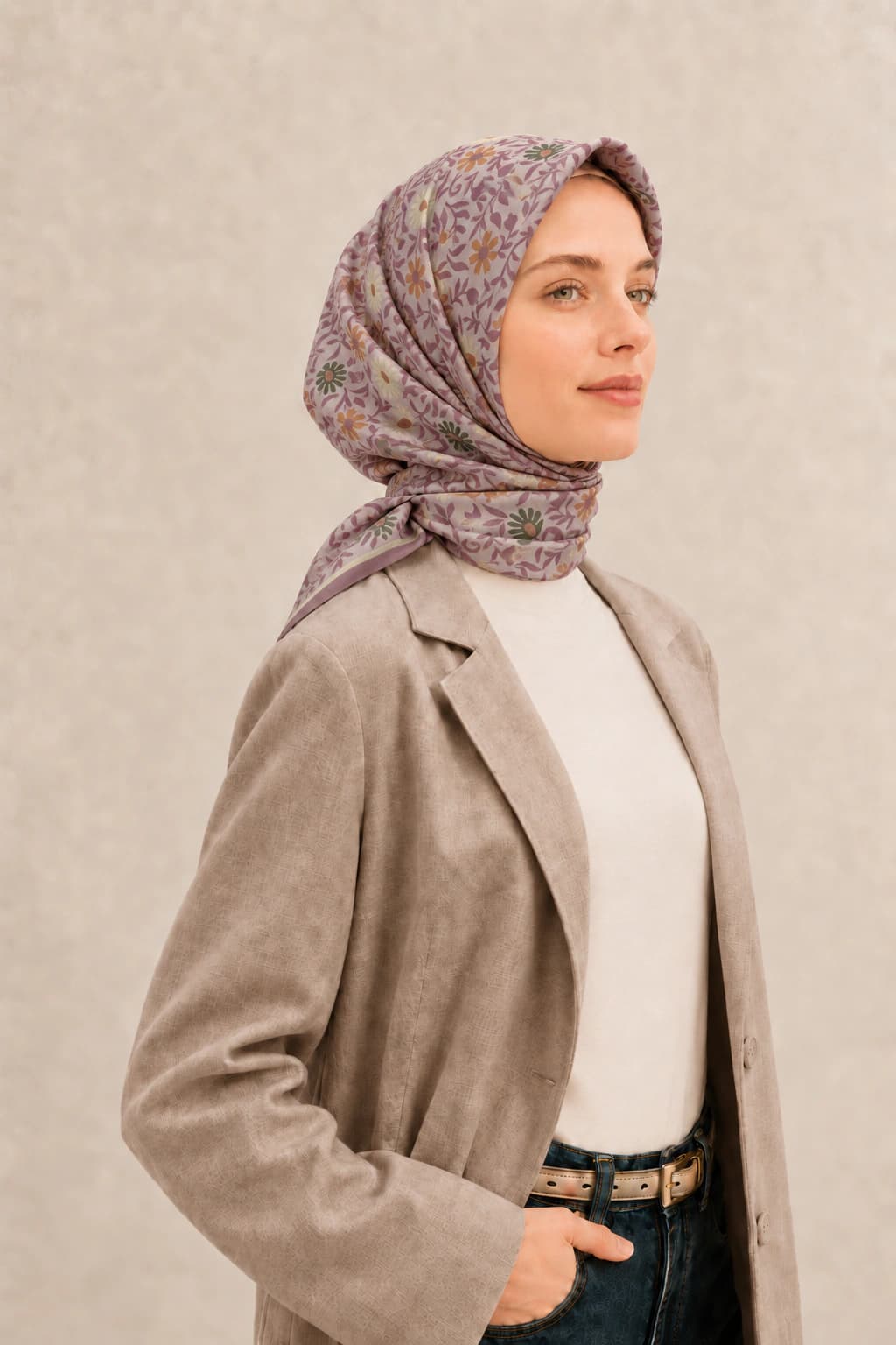 Belli Fresh Rozy Mini Çiçek Tensel Eşarp - Pudra Vizon 2