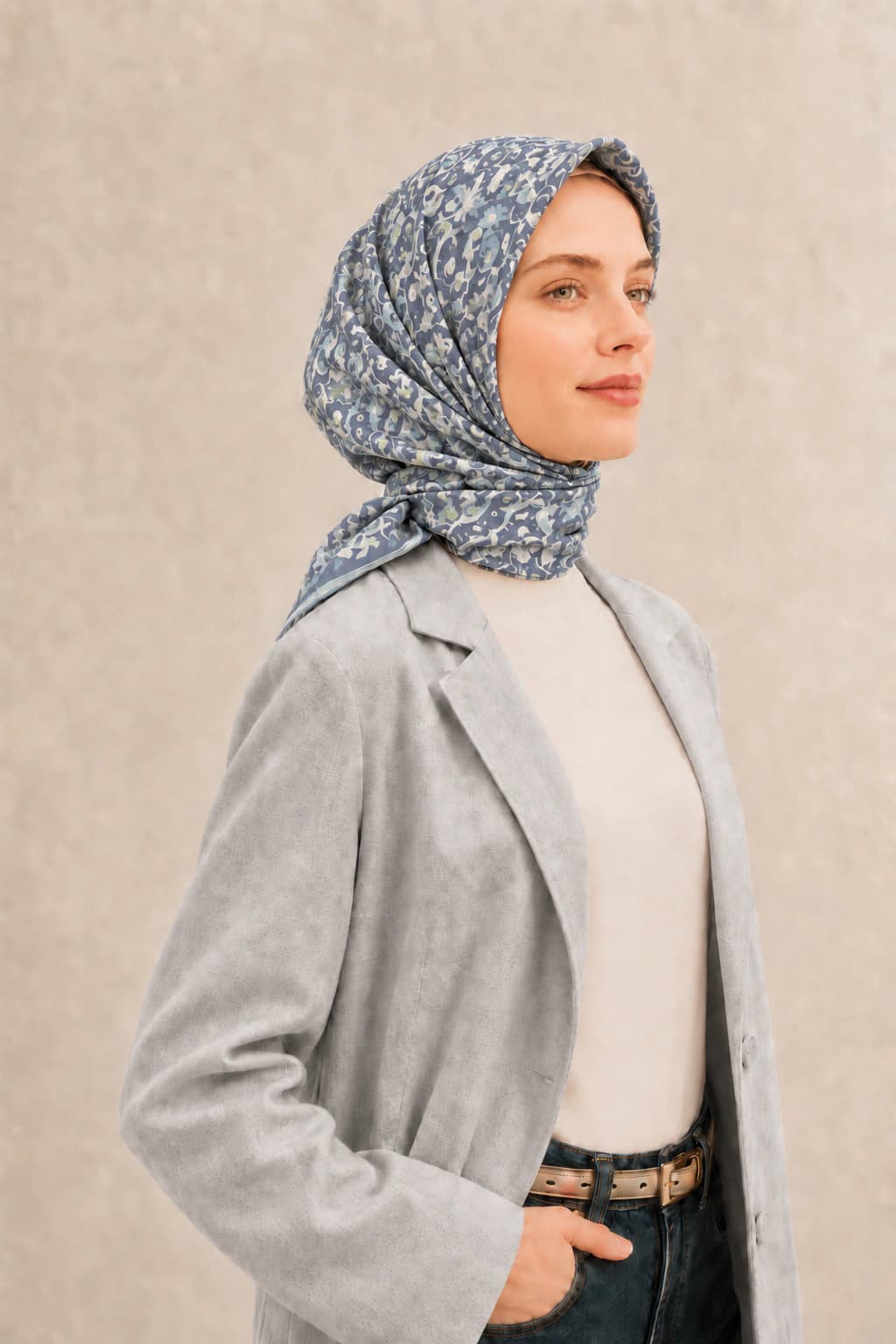 Belli Fresh Rozy Mini Çiçek Tensel Eşarp - Mavi Gri 2