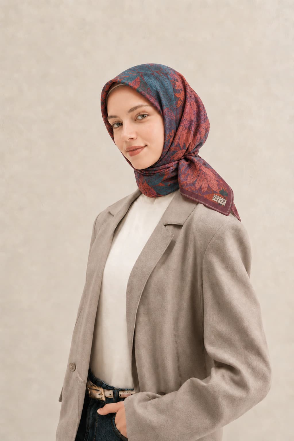 Zer Scarfs Botanik Blok Desenli Soft Pamuk Eşarp - Gül Kurusu Petrol 1