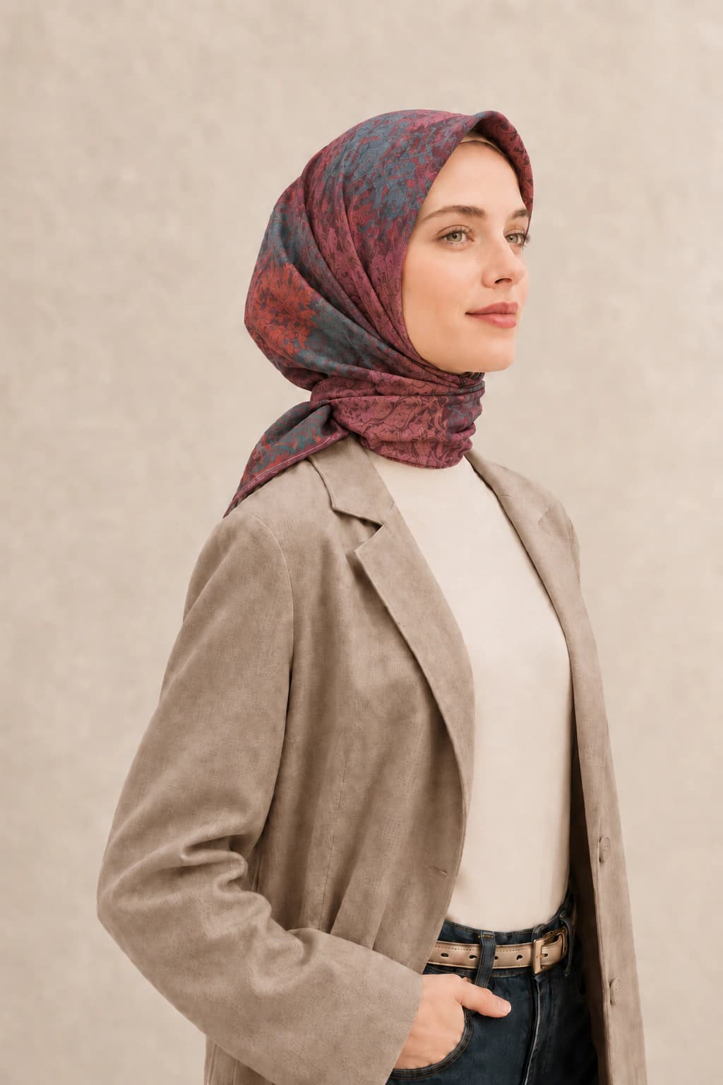 Zer Scarfs Botanik Blok Desenli Soft Pamuk Eşarp - Gül Kurusu Petrol 2