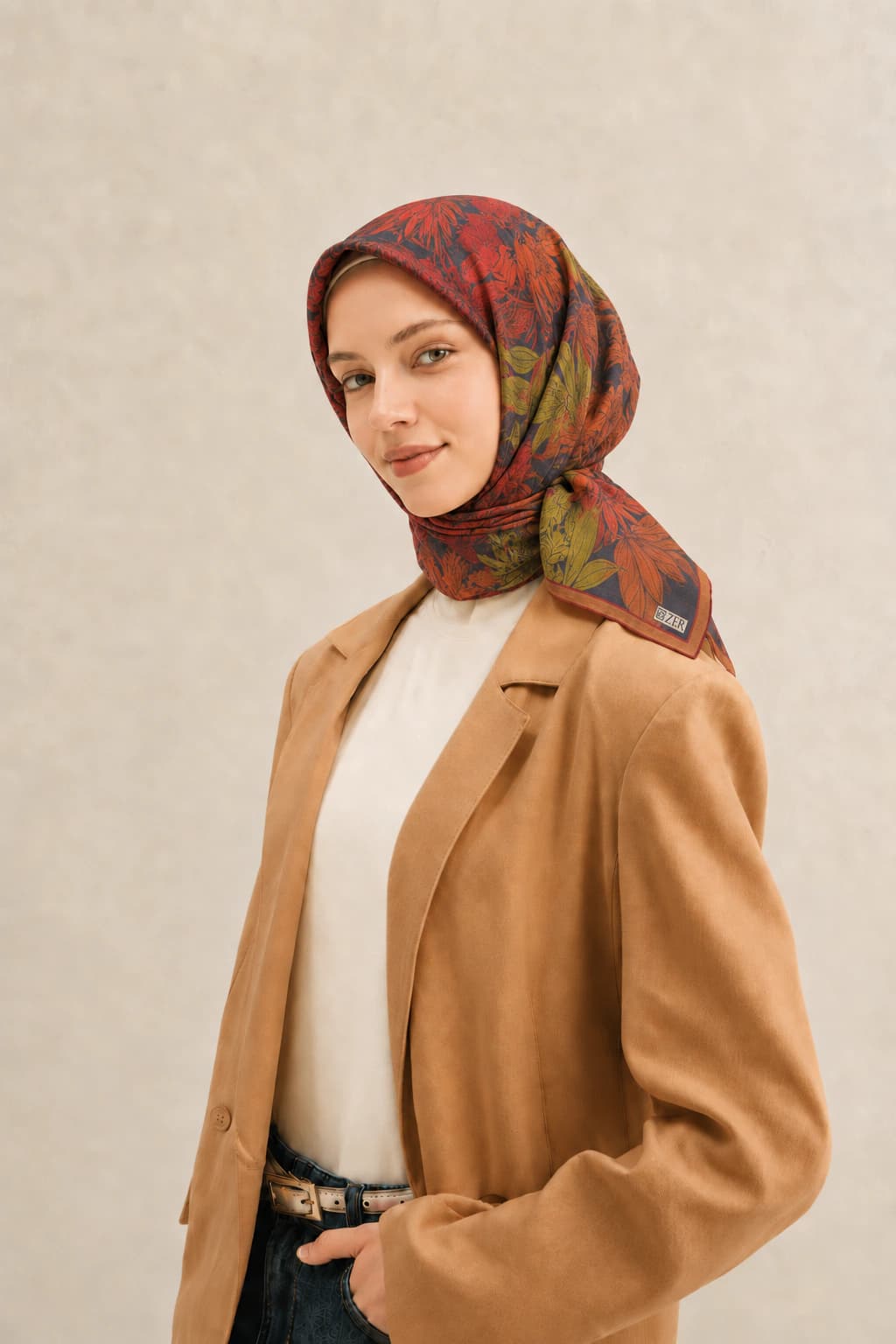 Zer Scarfs Botanik Blok Desenli Soft Pamuk Eşarp - Kiremit Haki 1