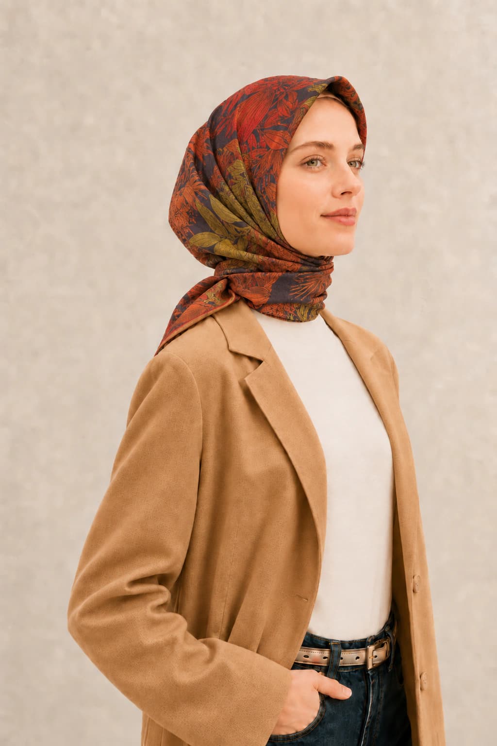 Zer Scarfs Botanik Blok Desenli Soft Pamuk Eşarp - Kiremit Haki 2