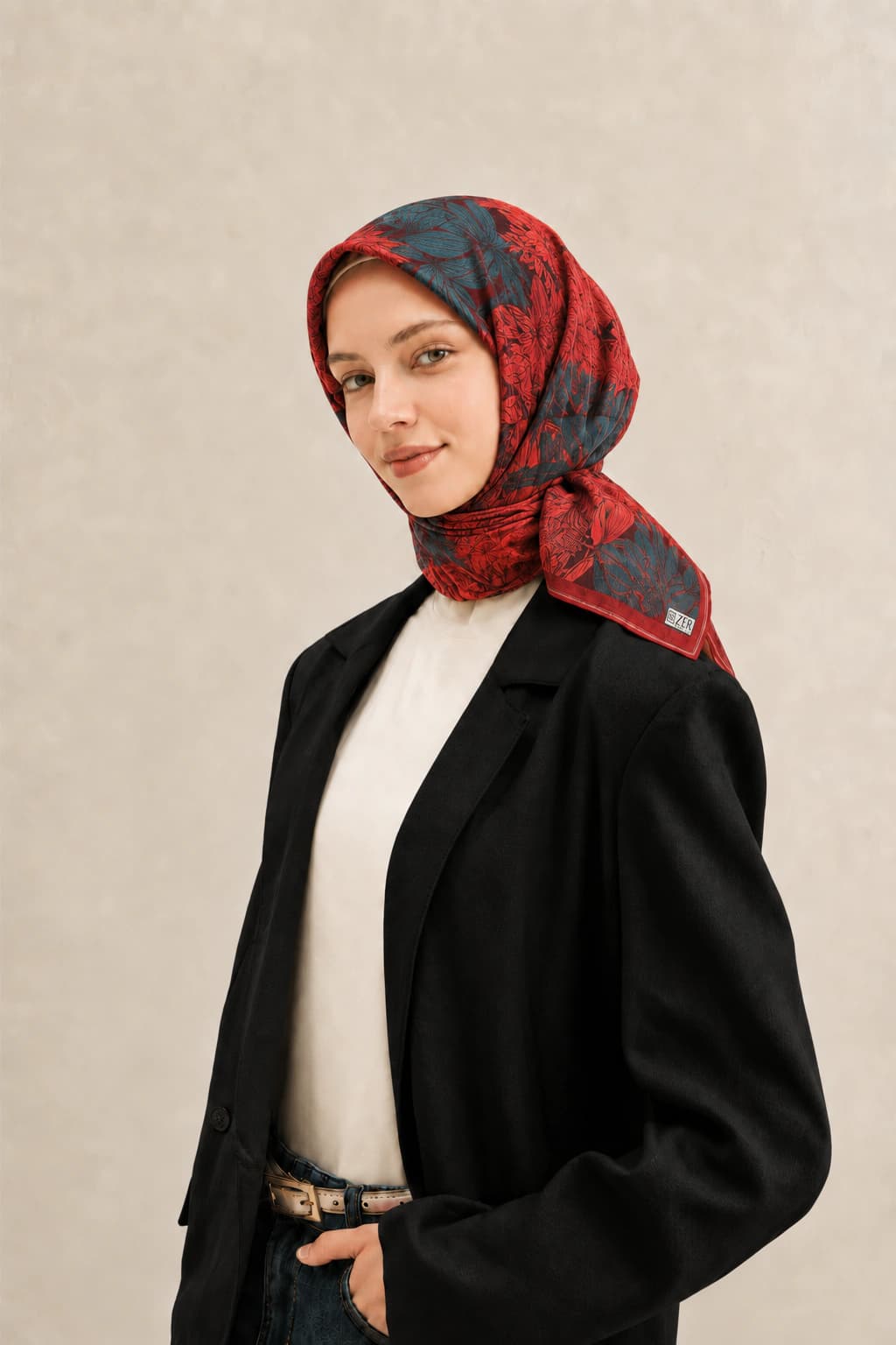 Zer Scarfs Botanik Blok Desenli Soft Pamuk Eşarp - Kırmızı Petrol 1