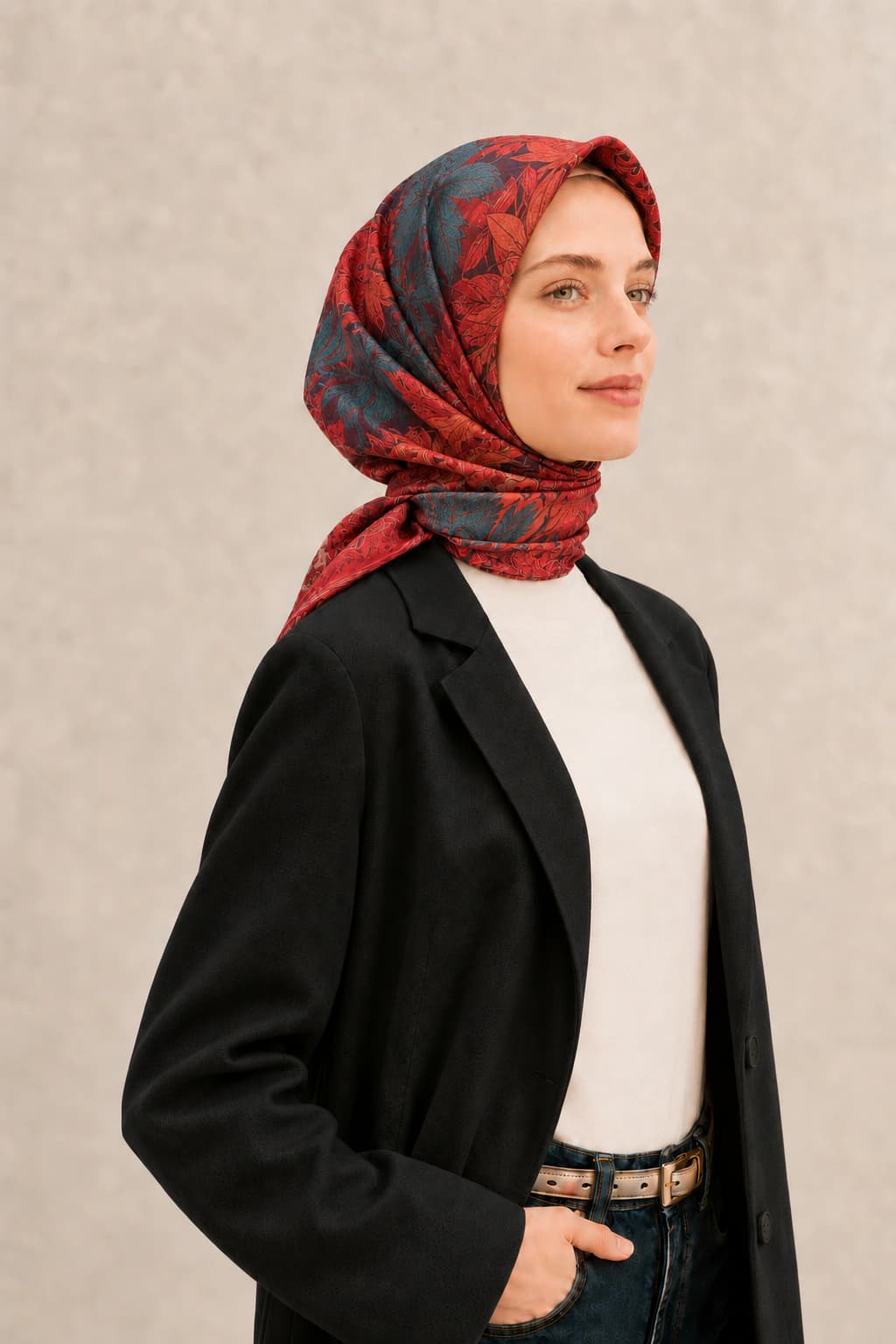 Zer Scarfs Botanik Blok Desenli Soft Pamuk Eşarp - Kırmızı Petrol 2