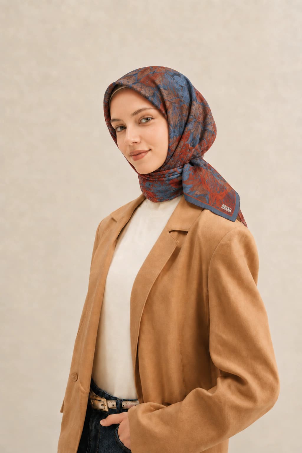 Zer Scarfs Botanik Blok Desenli Soft Pamuk Eşarp - Taba Mavi 1