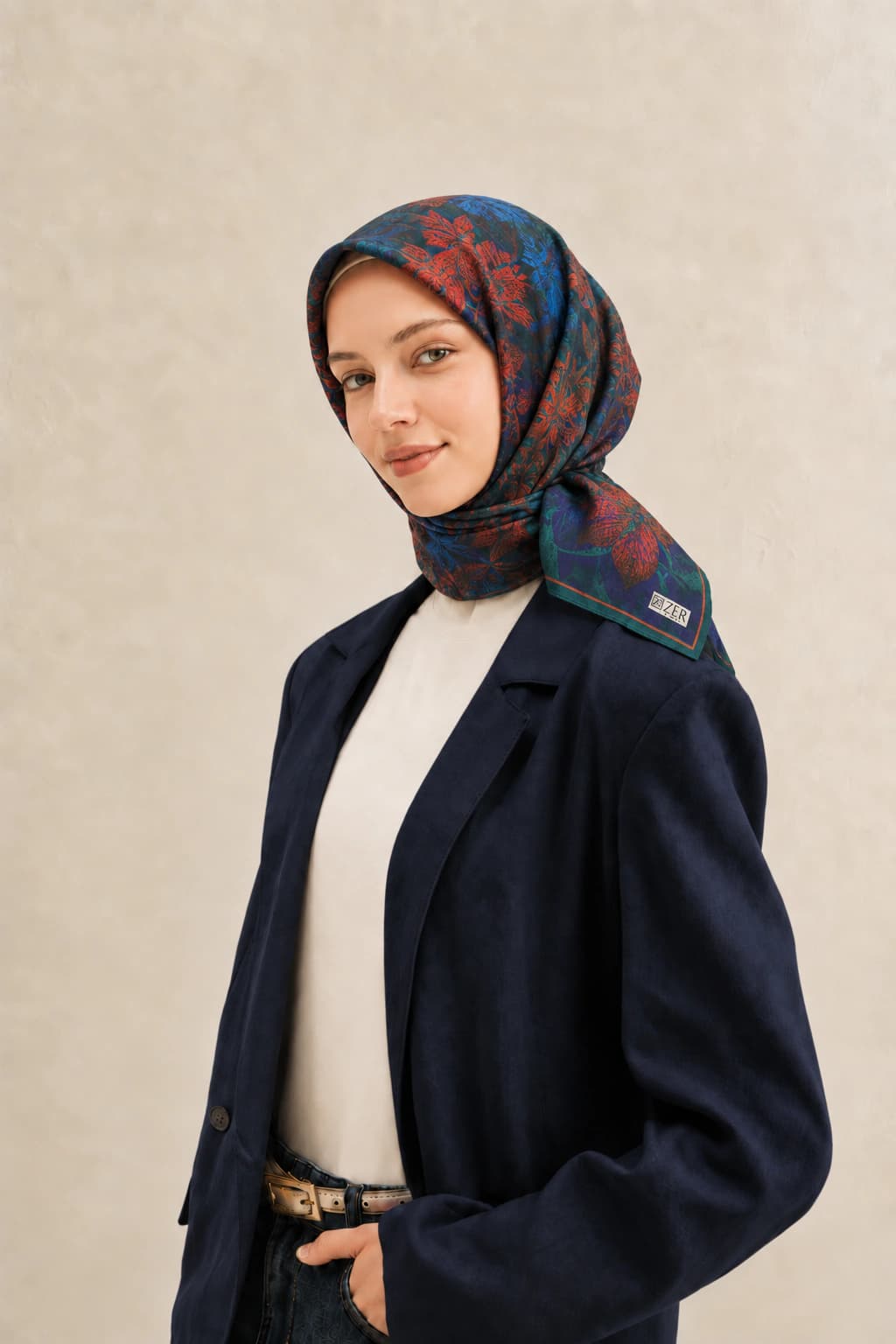 Zer Scarfs Botanik Blok Desenli Soft Pamuk Eşarp - Petrol Mavi 1