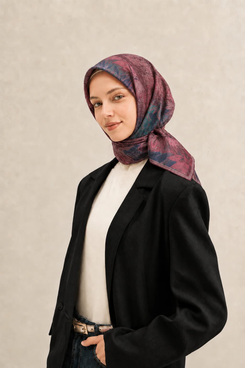 Zer Scarfs Botanik Blok Desenli Soft Pamuk Eşarp - Mürdüm Petrol 1