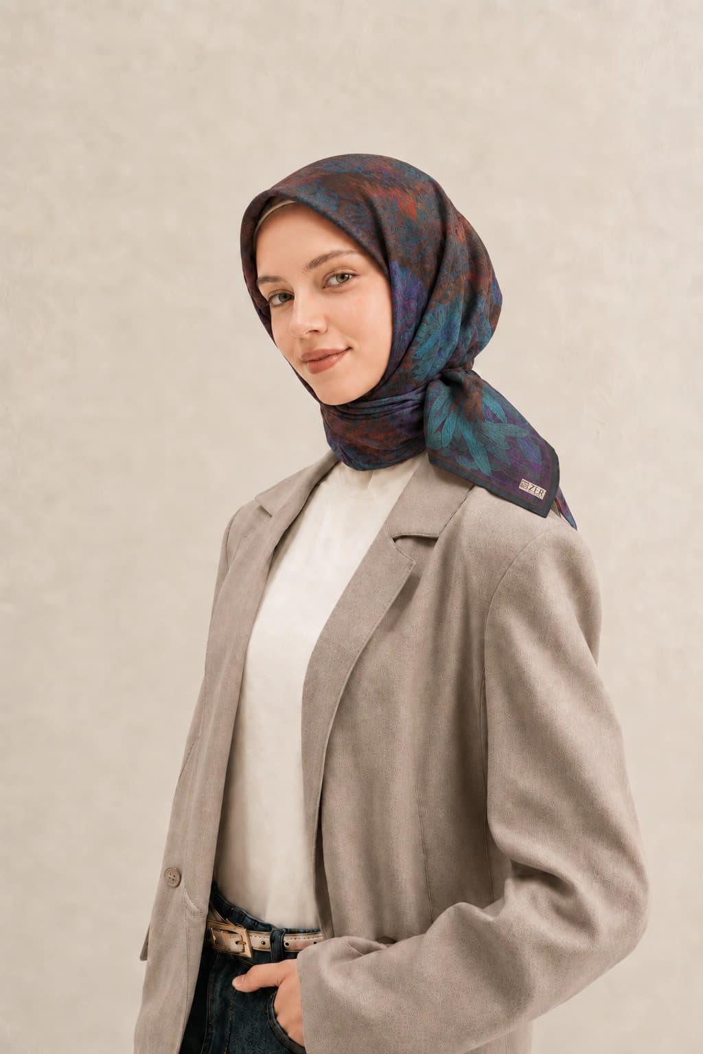 Zer Scarfs Botanik Blok Desenli Soft Pamuk Eşarp - Kahve Petrol 1