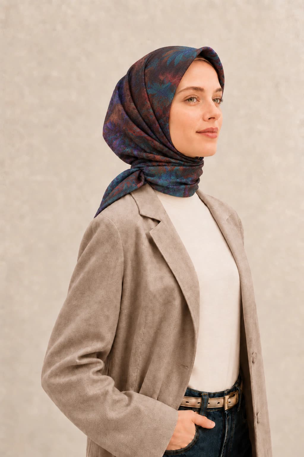 Zer Scarfs Botanik Blok Desenli Soft Pamuk Eşarp - Kahve Petrol 2