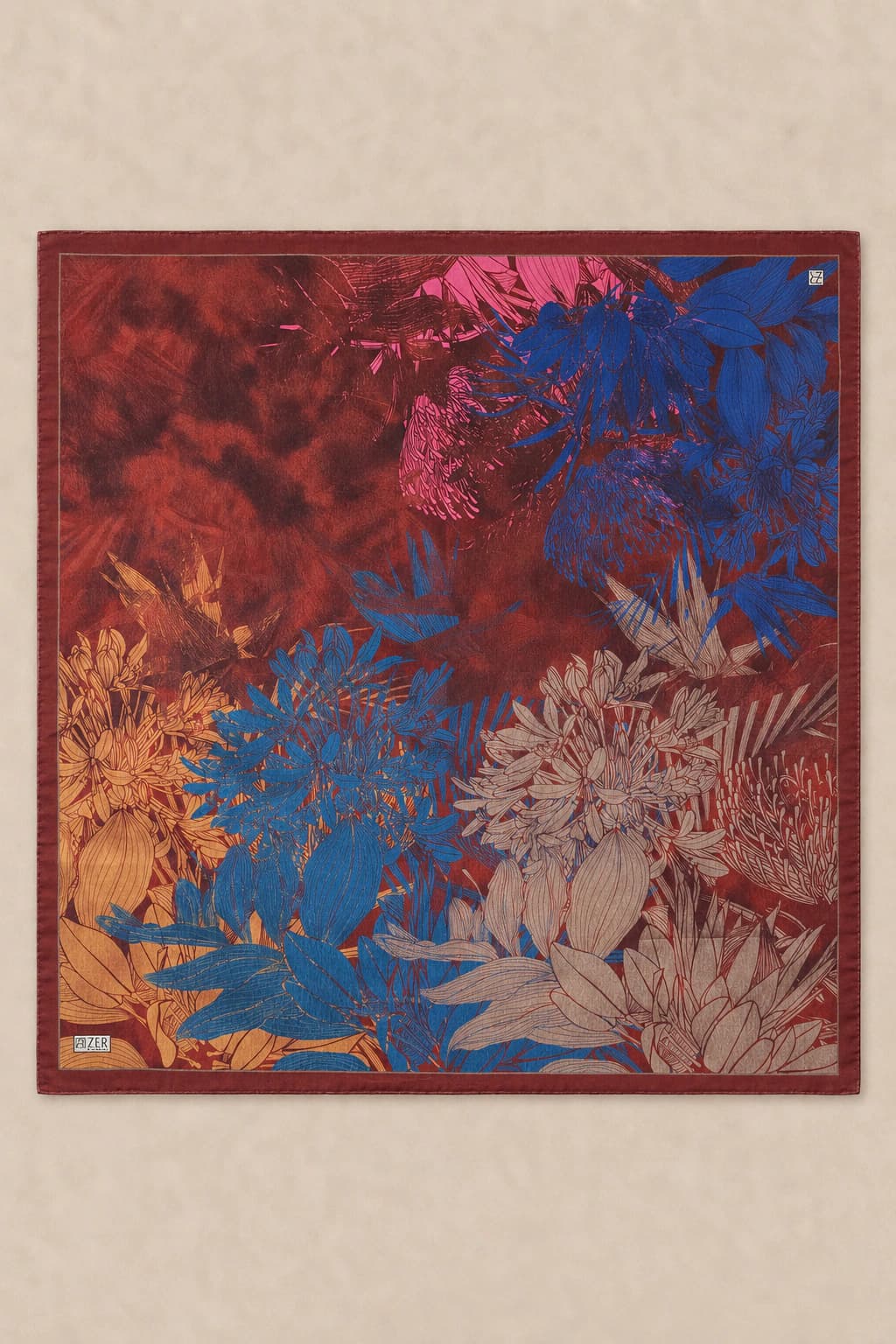 Zer Scarfs Botanik Blok Desenli Soft Pamuk Eşarp - Bordo Mavi 3