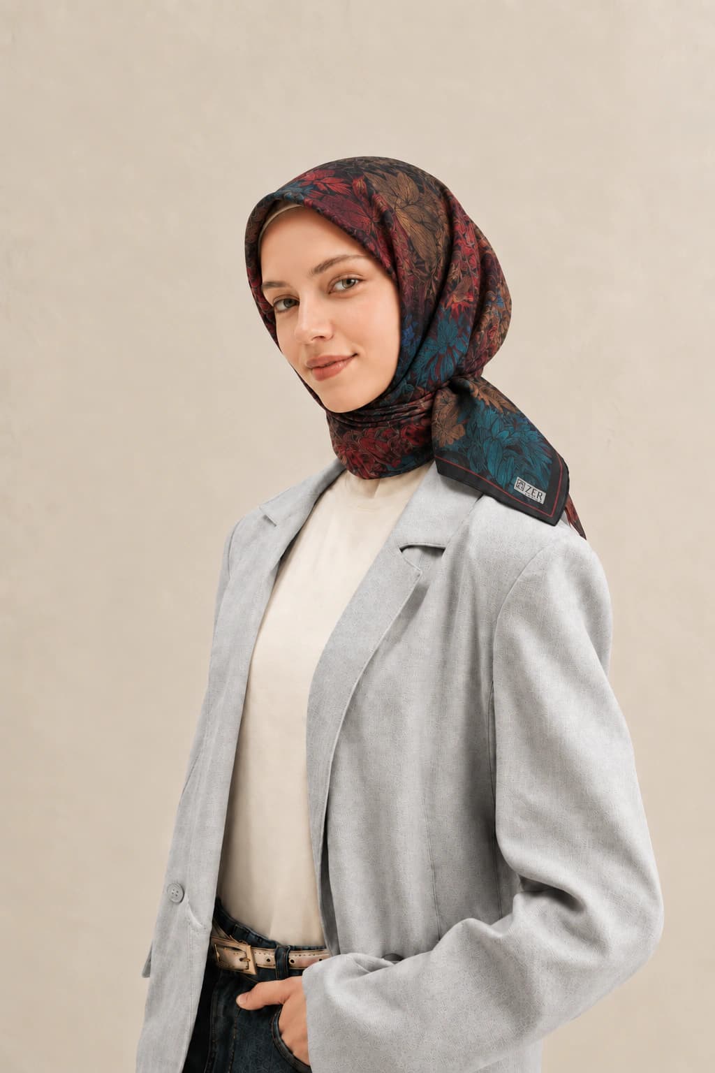 Zer Scarfs Botanik Blok Desenli Soft Pamuk Eşarp - Siyah Petrol 1