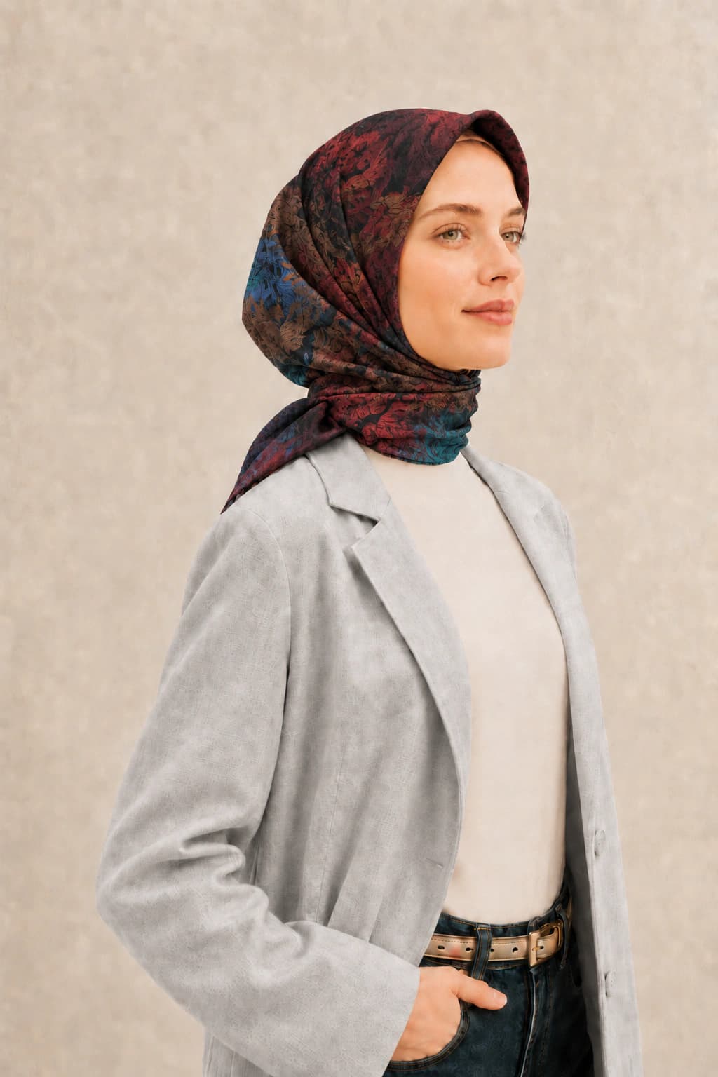 Zer Scarfs Botanik Blok Desenli Soft Pamuk Eşarp - Siyah Petrol 2