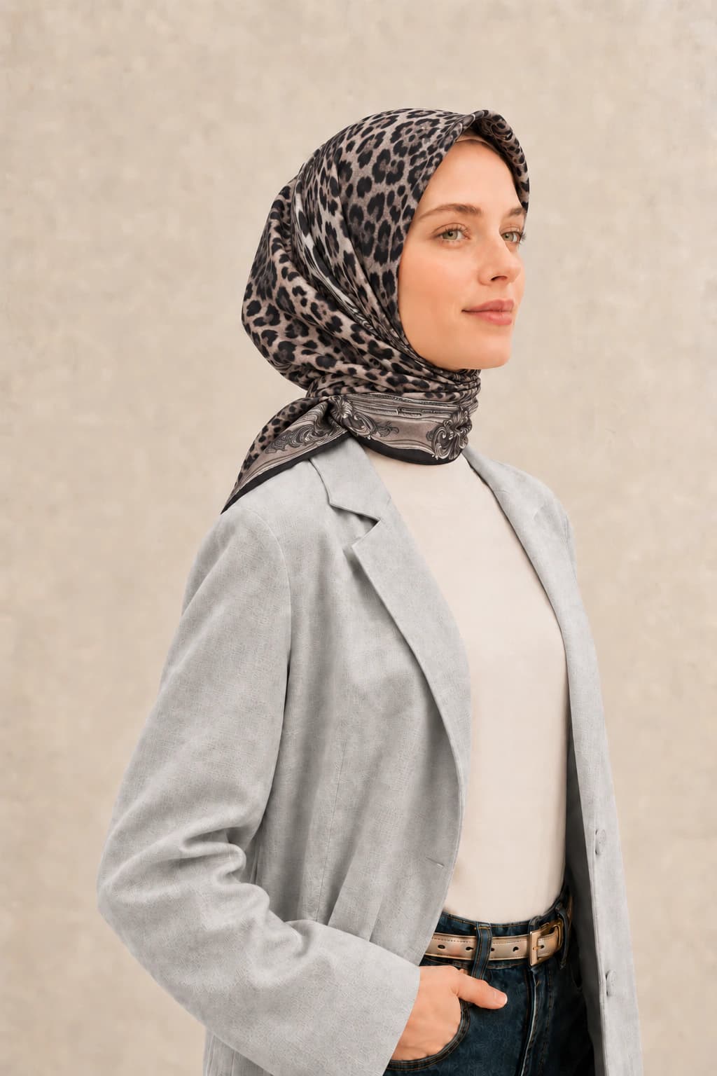 La Boutique Leopar Barok Çerçeveli Tensel Eşarp - Siyah Vizon 2