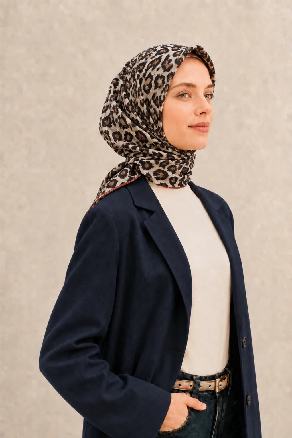 La Boutique Leopar Desenli Tensel Eşarp - Ekru Kahve 2