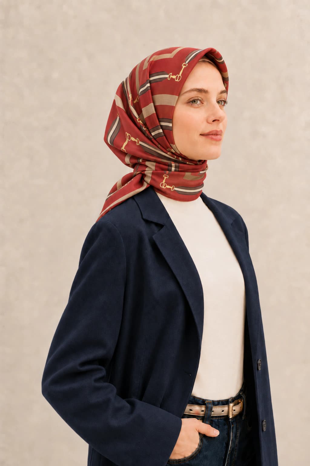 La Boutique Kemerli Geometrik Tensel Eşarp - Kiremit Bej 2