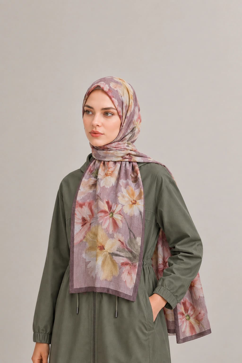 La Boutique Güz Yaz Floral ve Soyut Bambu Şal - Pudra Vizon 2