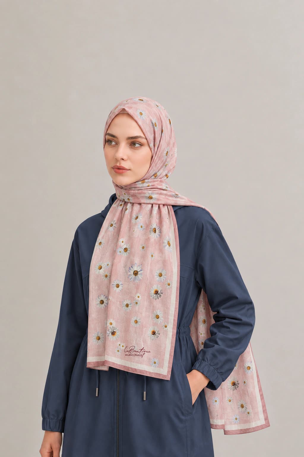 La Boutique Güz Yaz Floral ve Soyut Bambu Şal - Pudra Ekru 2