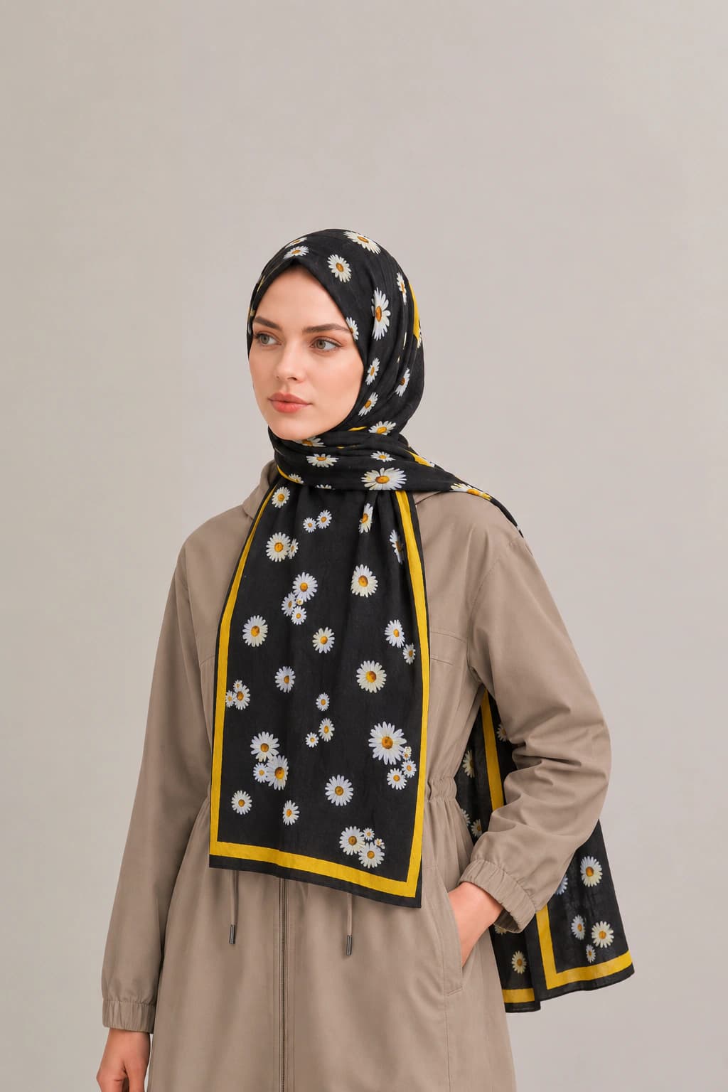 La Boutique Güz Yaz Floral ve Soyut Bambu Şal - Siyah Hardal 2
