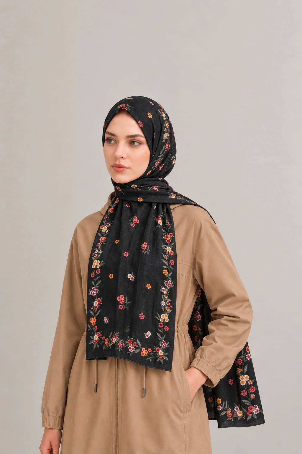 La Boutique Güz Yaz Floral ve Soyut Bambu Şal - Siyah Mercan 2