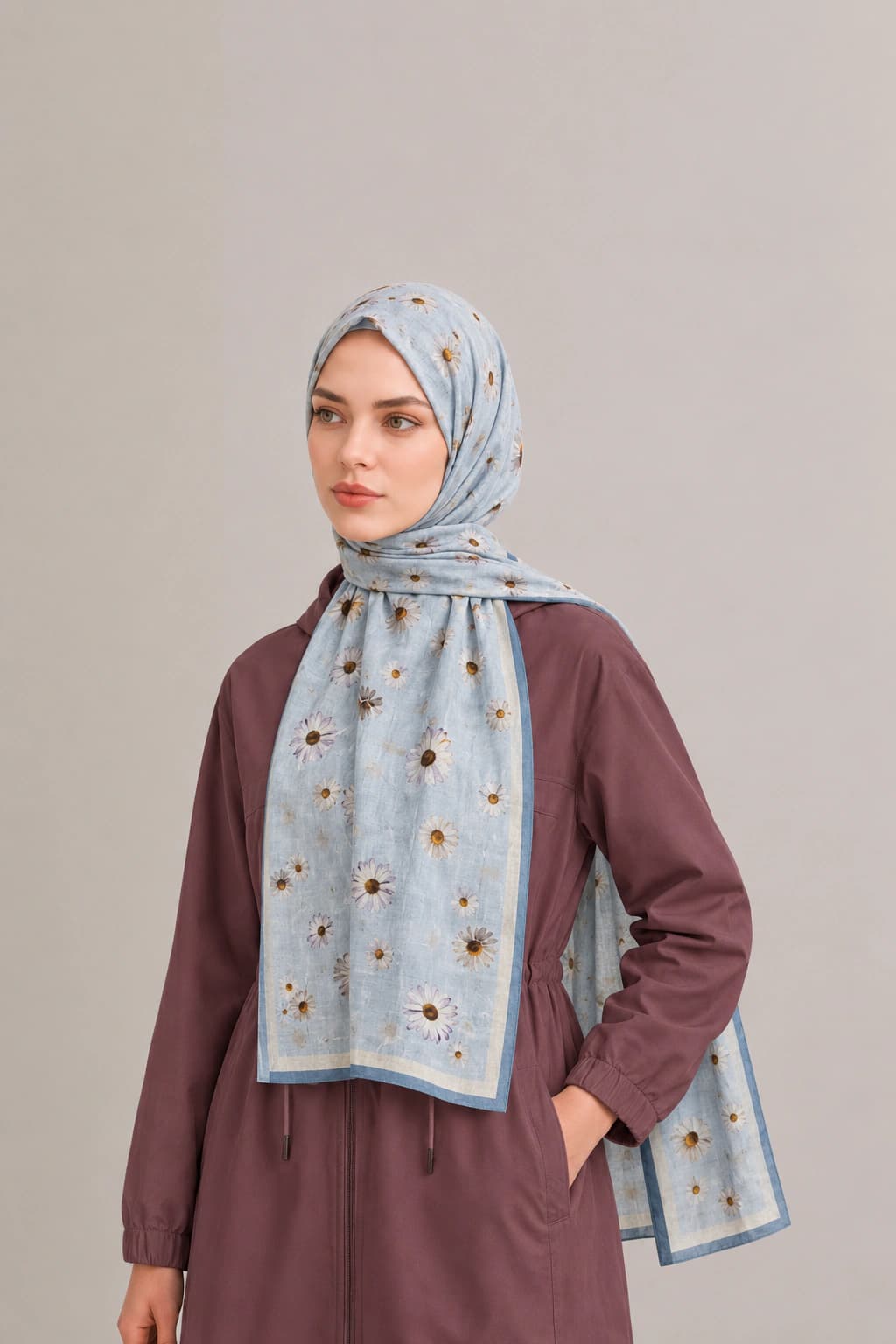 La Boutique Güz Yaz Floral ve Soyut Bambu Şal - Buz Mavi 2