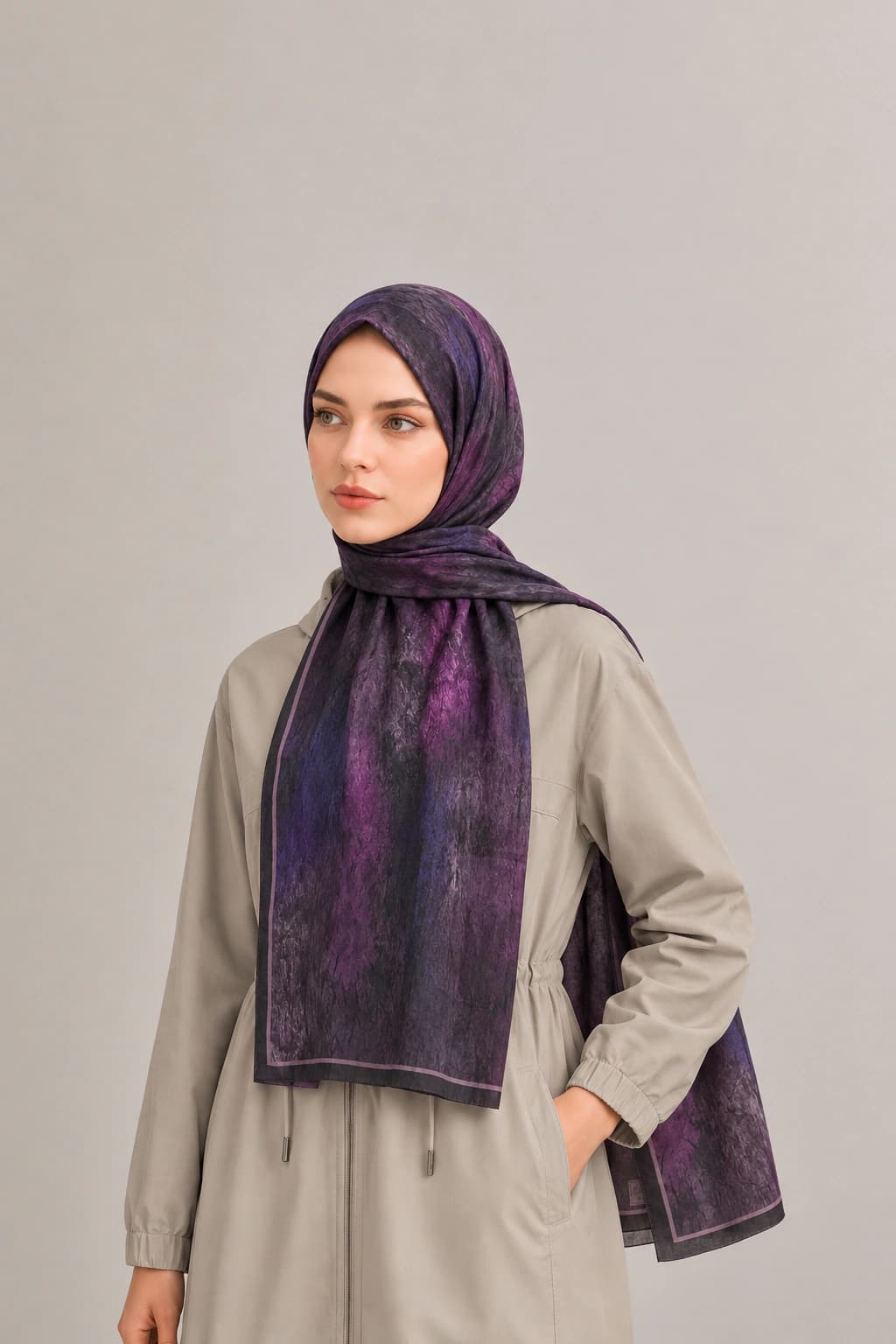 La Boutique Güz Yaz Floral ve Soyut Bambu Şal - Mürdüm Füme 2
