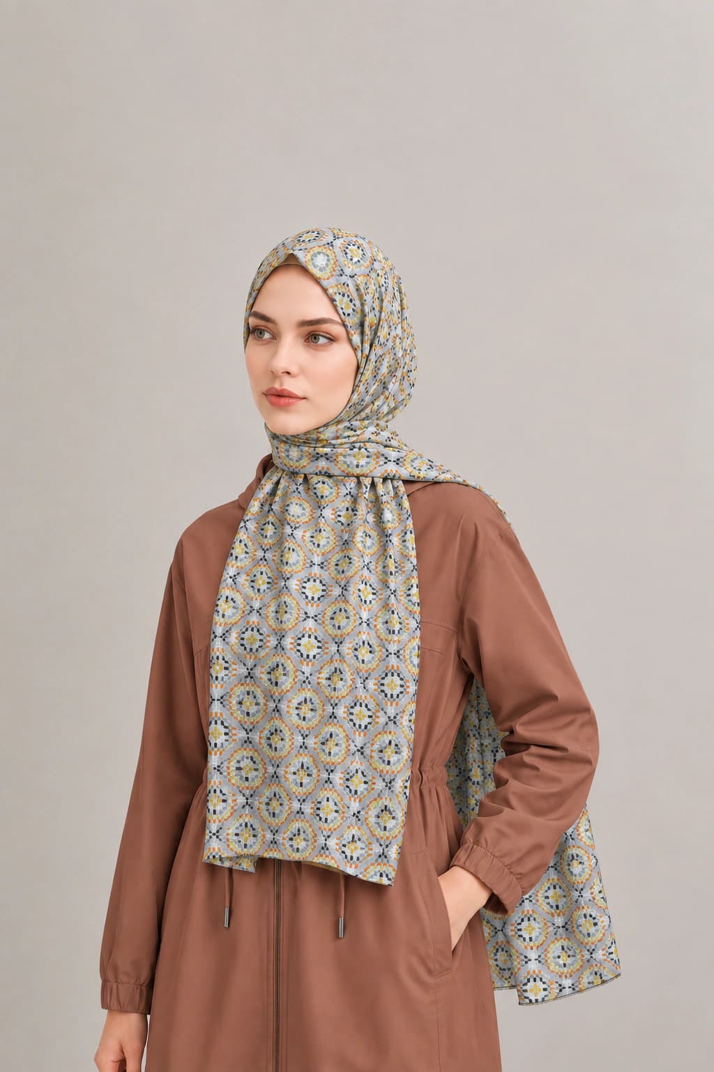 La Boutique Güz Yaz Geometrik Bambu Şal - Gri Hardal 2